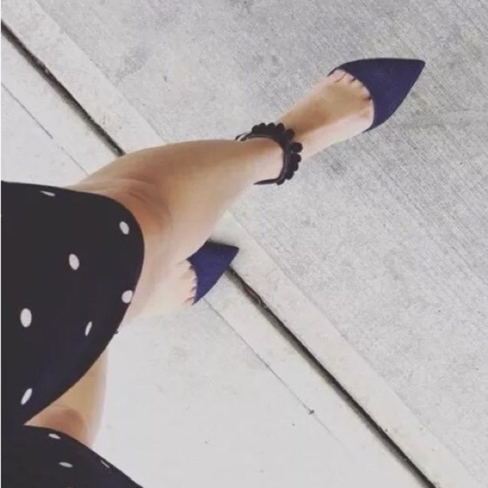 J. Crew Denim Pointed Toe Flats w Pom Pom Ankle Strap 8.5